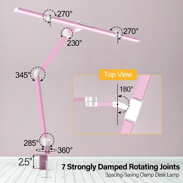 Alt view image 3 of 6 - Architect Desk Lamp for Home Office, Pink Desk Lamp with Clamp for Working, 24W Bright Rotatable Led Table Light Stepless Dimming Tempering Wide Computer Light for Crafting Puzzle Hobby