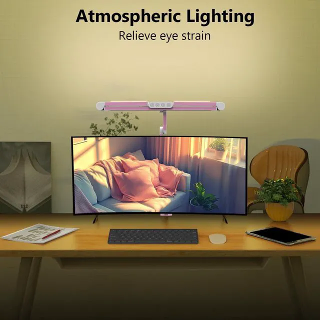 Alt view image 4 of 6 - Architect Desk Lamp for Home Office, Pink Desk Lamp with Clamp for Working, 24W Bright Rotatable Led Table Light Stepless Dimming Tempering Wide Computer Light for Crafting Puzzle Hobby