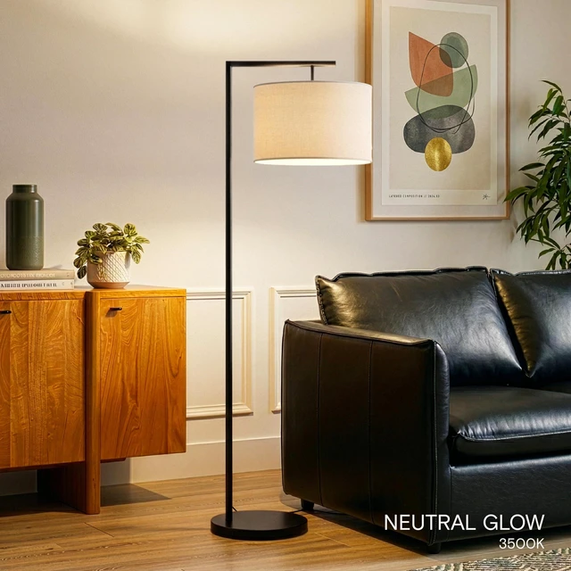 Alt view image 7 of 7 - Montage Modern Floor Lamp - LED Standing Lamp with Tan Shade for Living Rooms & Offices - Bedroom Reading Light - Tall Corner Pole Lamp for Contemporary Home Decor - Black