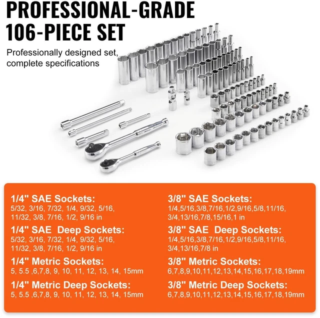 Alt view image 3 of 7 - Socket Set, 1/4" and 3/8" Drive Socket and Ratchet Set, 6-Point Socket Opening, 106 Pcs Tool Set SAE and Metric, Deep and Standard Sockets, 5/32-1 in, 5-19 mm, with Accessories, Storage Case