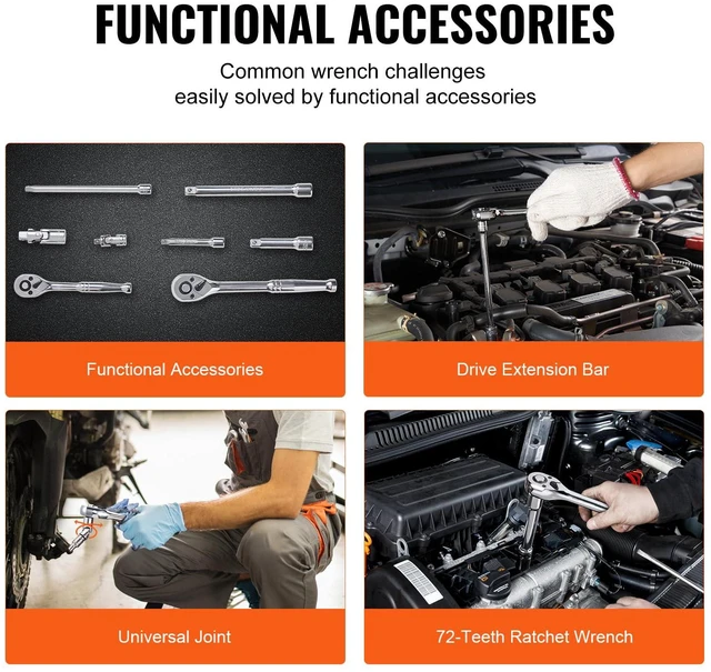 Alt view image 4 of 7 - Socket Set, 1/4" and 3/8" Drive Socket and Ratchet Set, 6-Point Socket Opening, 106 Pcs Tool Set SAE and Metric, Deep and Standard Sockets, 5/32-1 in, 5-19 mm, with Accessories, Storage Case