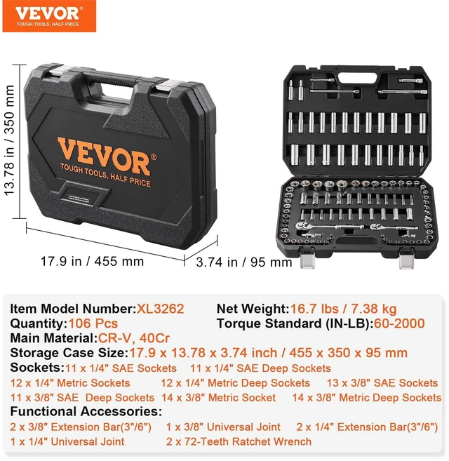 Alt view image 6 of 7 - Socket Set, 1/4" and 3/8" Drive Socket and Ratchet Set, 6-Point Socket Opening, 106 Pcs Tool Set SAE and Metric, Deep and Standard Sockets, 5/32-1 in, 5-19 mm, with Accessories, Storage Case