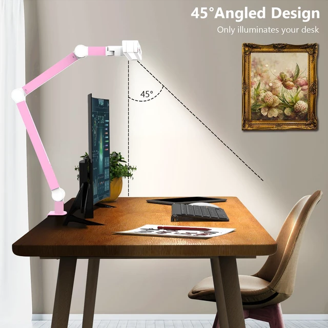 Alt view image 5 of 6 - Architect Desk Lamp for Home Office, Pink Desk Lamp with Clamp for Working, 24W Bright Rotatable Led Table Light Stepless Dimming Tempering Wide Computer Light for Crafting Puzzle Hobby