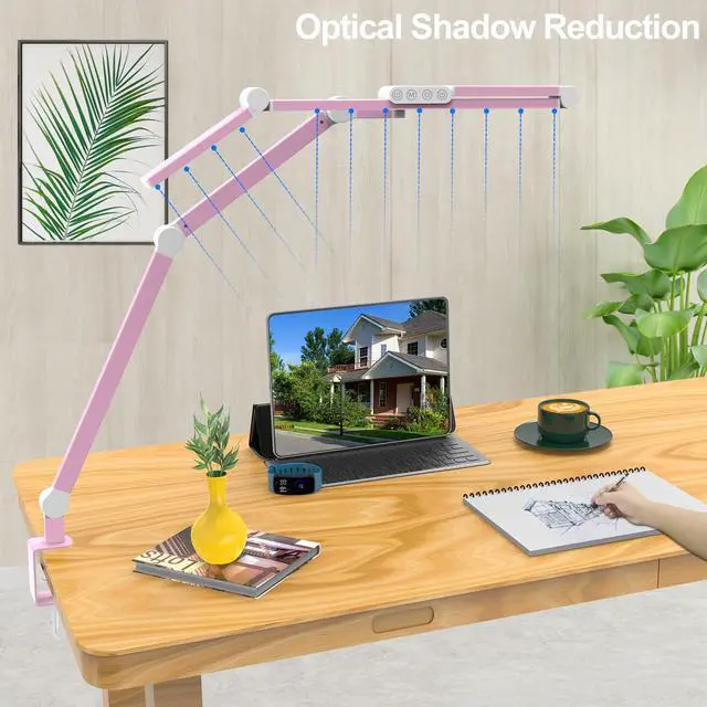 Alt view image 6 of 6 - Architect Desk Lamp for Home Office, Pink Desk Lamp with Clamp for Working, 24W Bright Rotatable Led Table Light Stepless Dimming Tempering Wide Computer Light for Crafting Puzzle Hobby
