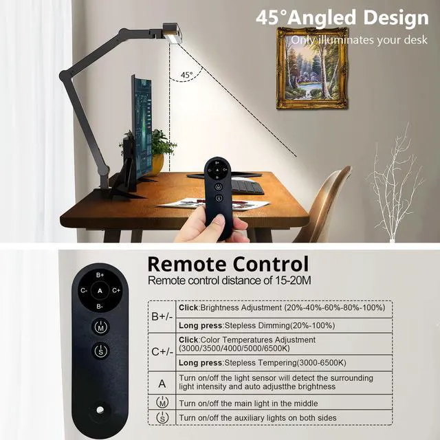 Alt view image 5 of 6 - Desk Lamp with Clamp, Architect Led Desk Lamp for Home Office with Remote Control, 24W Ultra Bright Auto Dimming Computer Light Adjustable Table Light for Working Workbench (Remote)