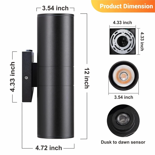Alt view image 3 of 7 - Dusk to Dawn Outdoor Lighting Sensor Wall Lights 2Pack, 12W 2700K Integrated LED Cylinder Up Down Lights Outdoor, IP65 Waterproof Aluminum Wall Sconce Exterior Wall Light for Porch Patio etc