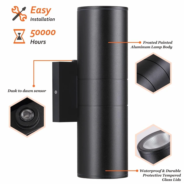 Alt view image 6 of 7 - Dusk to Dawn Outdoor Lighting Sensor Wall Lights 2Pack, 12W 2700K Integrated LED Cylinder Up Down Lights Outdoor, IP65 Waterproof Aluminum Wall Sconce Exterior Wall Light for Porch Patio etc