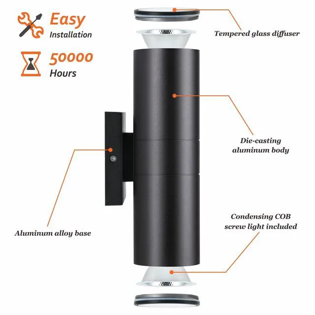 Alt view image 5 of 7 - Outdoor Wall Lights 2 Packs, Integrated LED Cylinder Up Down 12W 2700K Modern Aluminum Light, Waterproof Exterior Light for Porch Patio Door, Matte Black