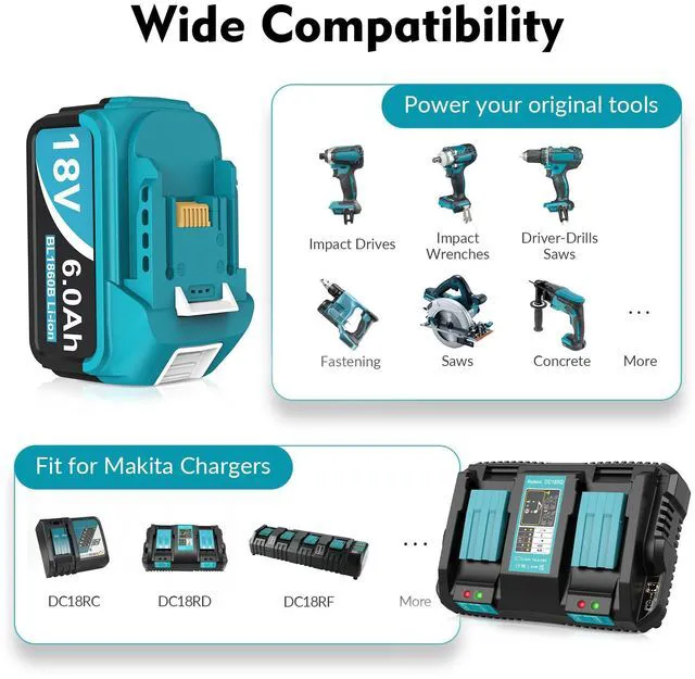 Alt view image 2 of 7 - 2Packs 6.0Ah Replacement for Makita Battery 18V with 2-Port Charger