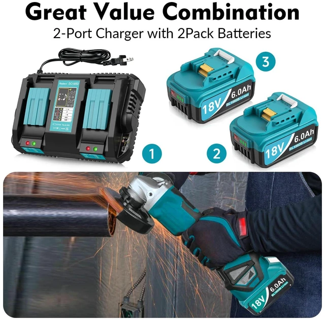 Alt view image 7 of 7 - 2Packs 6.0Ah Replacement for Makita Battery 18V with 2-Port Charger