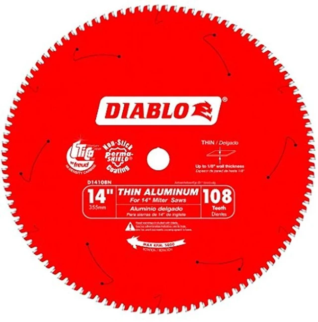 Main image of Saw Blade - 14" Diameter, 108 TCG Teeth, 1" Arbor for Thin Aluminum Cutting -.091" Kerf, -5 Degree Hook Angle.098" Plate, 5000 Max RPM - D14108N