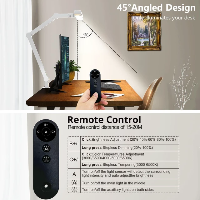 Alt view image 5 of 6 - Architect Desk Lamp with Clamp, Led Desk Lamp for Home Office with Remote Control, 24W Bright Dimmable Computer Light with Atmosphere Lighting Adjustable Table Light(Remote)