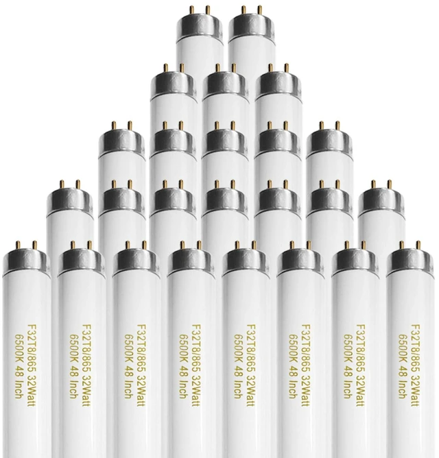 Main image of 25 Pack T8 Fluorescent Bulbs 4 Foot, F32T8/865 Fluorescent Light Bulb 48 Inch 32 Watt 6500K Daylight 2500 Lumens G13 Base