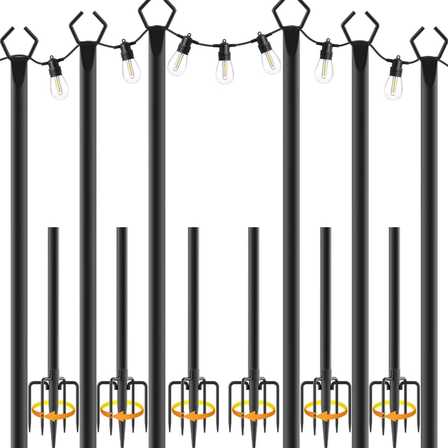Main image of 6 Pack 10 ft Heavy Duty Metal String Light Poles Adjustable Outdoor Lighting Stand for Patio,Backyard,Garden,Party & Wedding Rustproof & Sturdy with Hooks