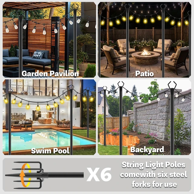 Alt view image 2 of 7 - 6 Pack 10 ft Heavy Duty Metal String Light Poles Adjustable Outdoor Lighting Stand for Patio,Backyard,Garden,Party & Wedding Rustproof & Sturdy with Hooks