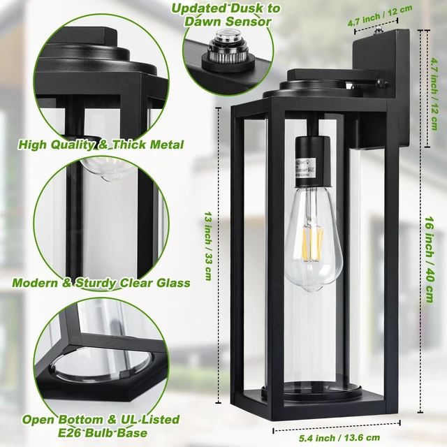 Alt view image 2 of 7 - Large Dusk to Dawn Outdoor Wall Lights, 16 Inch, Modern, 2 Pack Anti-Rust, Waterproof, Matte Black Exterior Fixture with Photocell, Farmhouse Wall Sconces for Garage, Porch, Front Door, E26