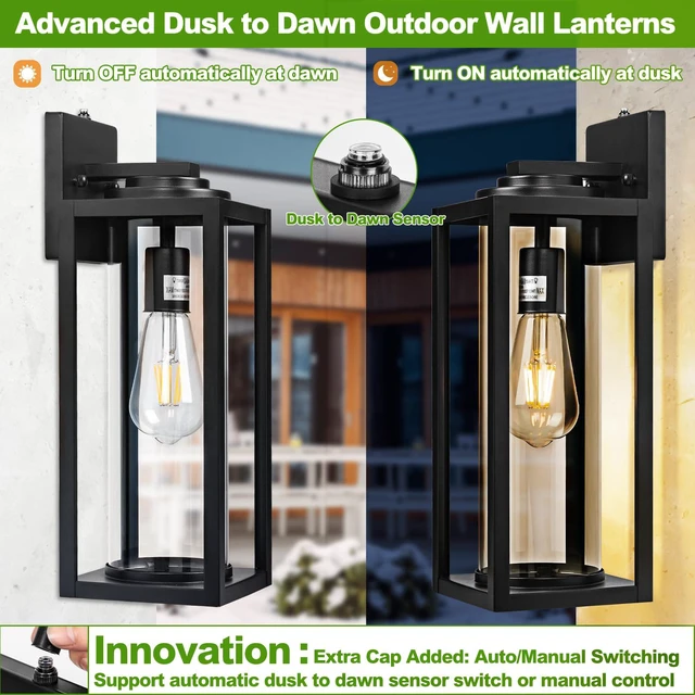 Alt view image 3 of 7 - Large Dusk to Dawn Outdoor Wall Lights, 16 Inch, Modern, 2 Pack Anti-Rust, Waterproof, Matte Black Exterior Fixture with Photocell, Farmhouse Wall Sconces for Garage, Porch, Front Door, E26
