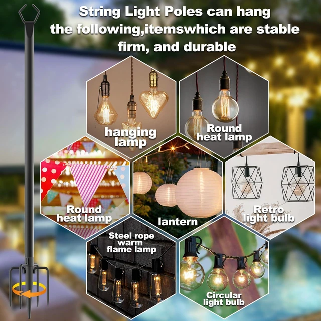 Alt view image 3 of 7 - 6 Pack 10 ft Heavy Duty Metal String Light Poles Adjustable Outdoor Lighting Stand for Patio,Backyard,Garden,Party & Wedding Rustproof & Sturdy with Hooks