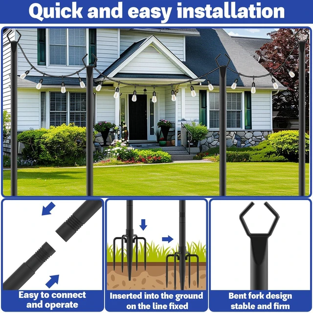 Alt view image 5 of 7 - 6 Pack 10 ft Heavy Duty Metal String Light Poles Adjustable Outdoor Lighting Stand for Patio,Backyard,Garden,Party & Wedding Rustproof & Sturdy with Hooks