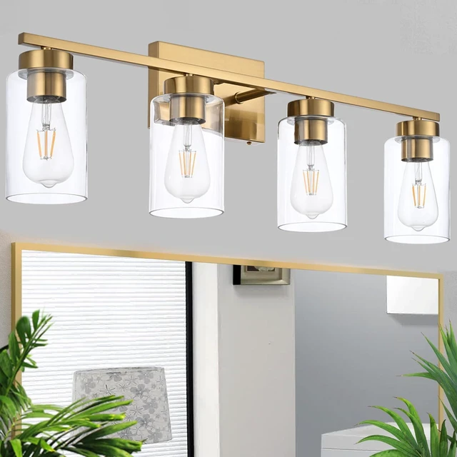 Main image of 4 Light Bathroom Vanity Light Fixtures, Brushed Brass Modern Wall Lights with Clear Glass Shade, Vintage Wall Sconce Lighting for Living Room, Mirror, Bedroom, Hallway (Gold, 4-Lights)