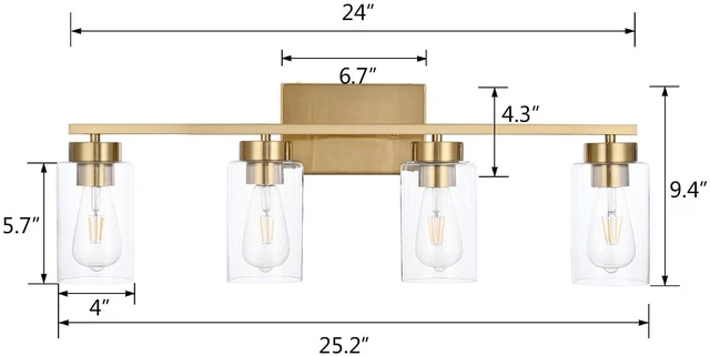 Alt view image 3 of 7 - 4 Light Bathroom Vanity Light Fixtures, Brushed Brass Modern Wall Lights with Clear Glass Shade, Vintage Wall Sconce Lighting for Living Room, Mirror, Bedroom, Hallway (Gold, 4-Lights)