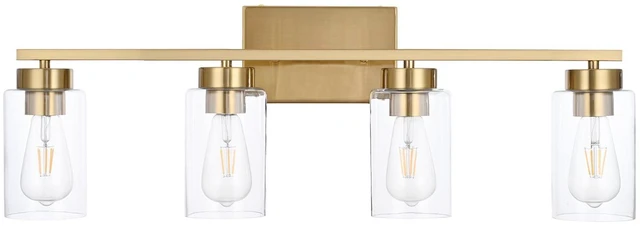 Alt view image 2 of 7 - 4 Light Bathroom Vanity Light Fixtures, Brushed Brass Modern Wall Lights with Clear Glass Shade, Vintage Wall Sconce Lighting for Living Room, Mirror, Bedroom, Hallway (Gold, 4-Lights)