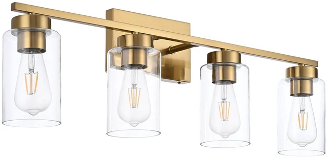 Alt view image 4 of 7 - 4 Light Bathroom Vanity Light Fixtures, Brushed Brass Modern Wall Lights with Clear Glass Shade, Vintage Wall Sconce Lighting for Living Room, Mirror, Bedroom, Hallway (Gold, 4-Lights)