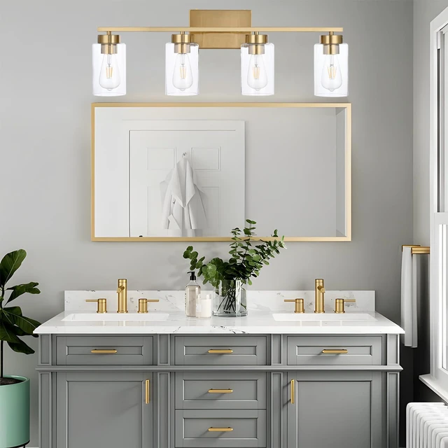 Alt view image 5 of 7 - 4 Light Bathroom Vanity Light Fixtures, Brushed Brass Modern Wall Lights with Clear Glass Shade, Vintage Wall Sconce Lighting for Living Room, Mirror, Bedroom, Hallway (Gold, 4-Lights)