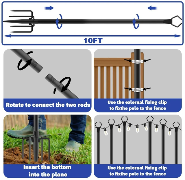 Alt view image 7 of 7 - 6 Pack 10 ft Heavy Duty Metal String Light Poles Adjustable Outdoor Lighting Stand for Patio,Backyard,Garden,Party & Wedding Rustproof & Sturdy with Hooks