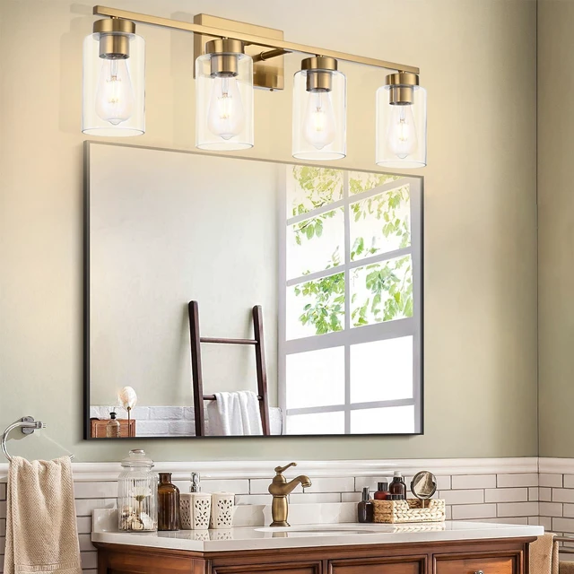 Alt view image 6 of 7 - 4 Light Bathroom Vanity Light Fixtures, Brushed Brass Modern Wall Lights with Clear Glass Shade, Vintage Wall Sconce Lighting for Living Room, Mirror, Bedroom, Hallway (Gold, 4-Lights)
