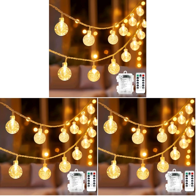 Main image of Globe Fairy Lights Battery Operated 33ft 80LED String Lights with Remote Waterproof Indoor Outdoor Hanging Decorative Christmas Lights for Home Party Patio Garden Wedding (Pack of 3)