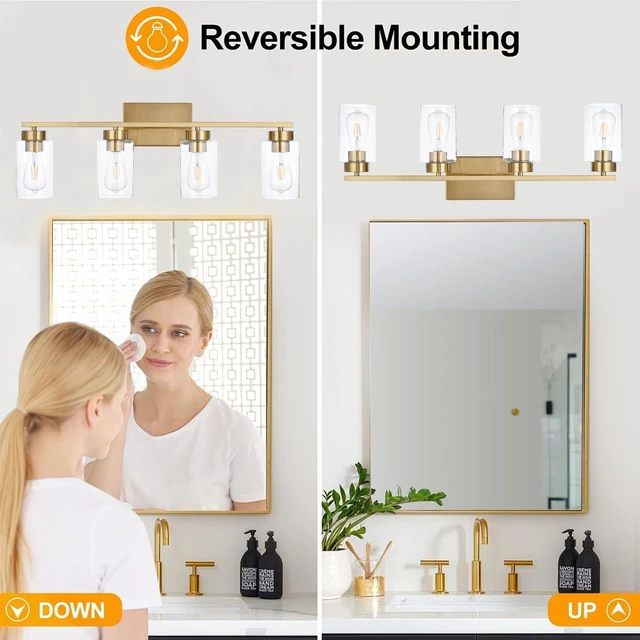 Alt view image 7 of 7 - 4 Light Bathroom Vanity Light Fixtures, Brushed Brass Modern Wall Lights with Clear Glass Shade, Vintage Wall Sconce Lighting for Living Room, Mirror, Bedroom, Hallway (Gold, 4-Lights)