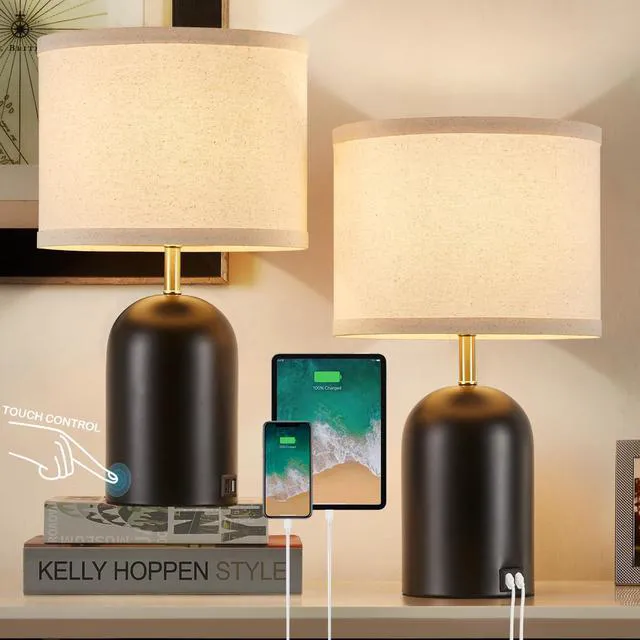 Main image of Touch Control Table Lamps Set of 2, Black Bedside Lamps for Bedroom 18" Modern Dimmable Desk Lamp for Nightstand Living Room Office, with 2 USB Charging Ports, Bulbs Included