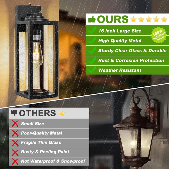 Alt view image 6 of 7 - Large Dusk to Dawn Outdoor Wall Lights, 16 Inch, Modern, 2 Pack Anti-Rust, Waterproof, Matte Black Exterior Fixture with Photocell, Farmhouse Wall Sconces for Garage, Porch, Front Door, E26