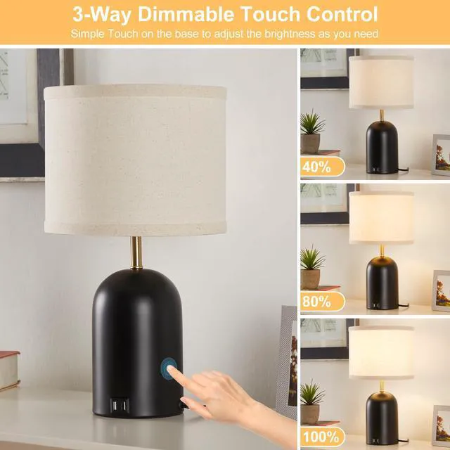 Alt view image 2 of 7 - Touch Control Table Lamps Set of 2, Black Bedside Lamps for Bedroom 18" Modern Dimmable Desk Lamp for Nightstand Living Room Office, with 2 USB Charging Ports, Bulbs Included