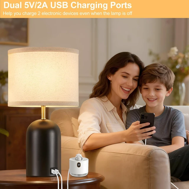 Alt view image 3 of 7 - Touch Control Table Lamps Set of 2, Black Bedside Lamps for Bedroom 18" Modern Dimmable Desk Lamp for Nightstand Living Room Office, with 2 USB Charging Ports, Bulbs Included