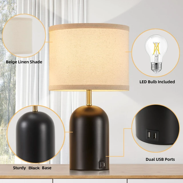 Alt view image 6 of 7 - Touch Control Table Lamps Set of 2, Black Bedside Lamps for Bedroom 18" Modern Dimmable Desk Lamp for Nightstand Living Room Office, with 2 USB Charging Ports, Bulbs Included