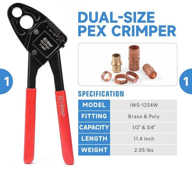 Alt view image 2 of 7 - ICP-1234AH PEX Crimping Tool Kit - 1/2-in & 3/4-in Copper Crimp Rings, Dual Size Crimper, PEX Removal Tool and Pipe Cutter - Meets ASTM F1807 Standard