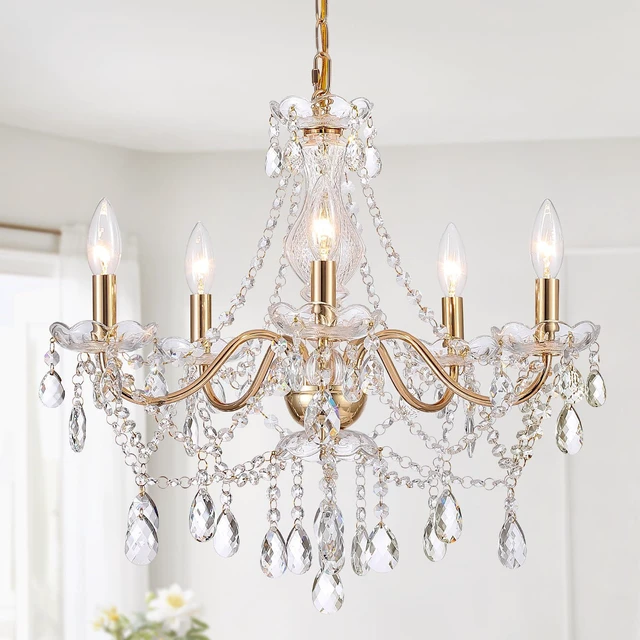 Main image of Crystal Gold Chandelier, Glass Crystal Hanging Pendant Lighting, 5 Light French Country Gold Crystals Chandelier for Ceiling Medallions,Wedding,Dining,Kitchen, Foyer,Dia 20'' Golden