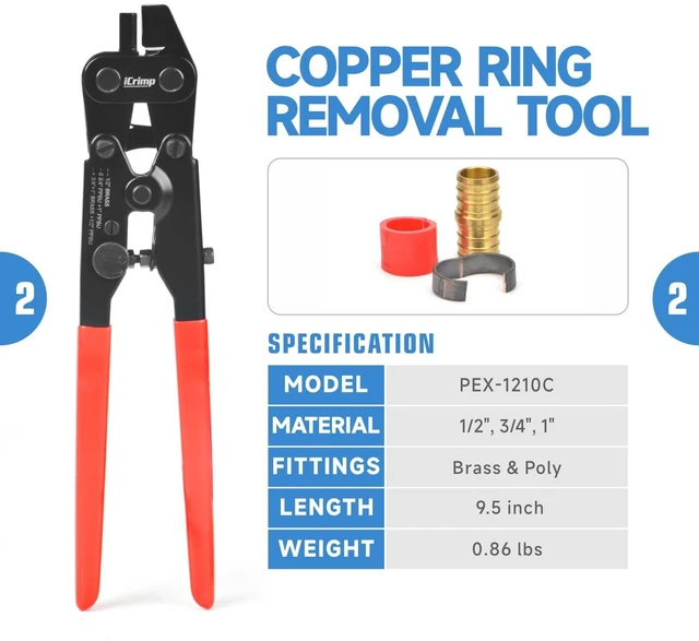 Alt view image 3 of 7 - ICP-1234AH PEX Crimping Tool Kit - 1/2-in & 3/4-in Copper Crimp Rings, Dual Size Crimper, PEX Removal Tool and Pipe Cutter - Meets ASTM F1807 Standard