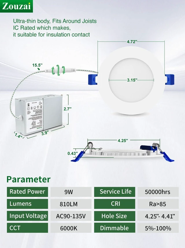 Alt view image 6 of 7 - 12 Pack 4 Inch LED Recessed Light, 6000K, Dimmable, 9W=60W, 810LM White, with Junction Box, Canless Wafer Downlight, Commercial & Home Use, Damp & IC Rated, ETL Listed