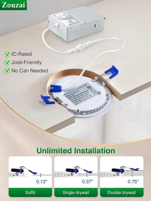 Alt view image 7 of 7 - 12 Pack 4 Inch LED Recessed Light, 6000K, Dimmable, 9W=60W, 810LM White, with Junction Box, Canless Wafer Downlight, Commercial & Home Use, Damp & IC Rated, ETL Listed