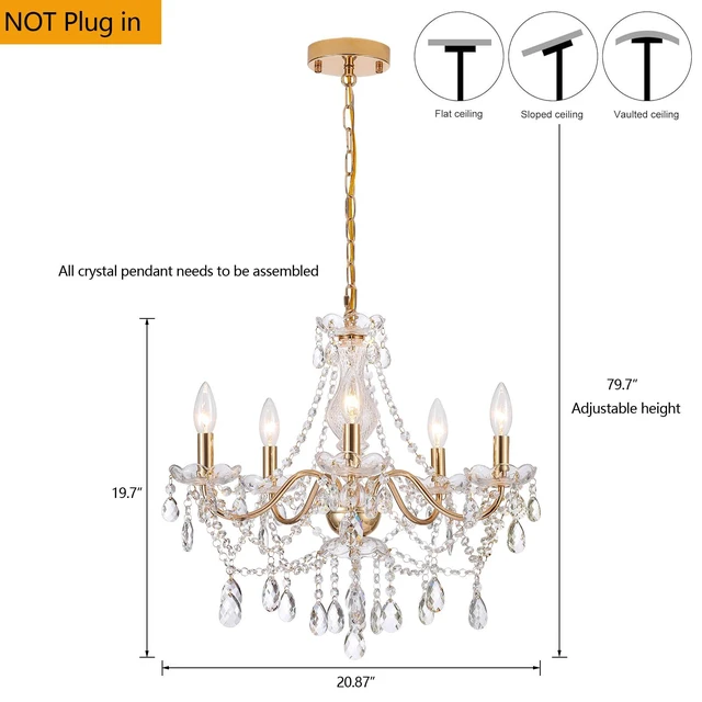 Alt view image 3 of 7 - Crystal Gold Chandelier, Glass Crystal Hanging Pendant Lighting, 5 Light French Country Gold Crystals Chandelier for Ceiling Medallions,Wedding,Dining,Kitchen, Foyer,Dia 20'' Golden