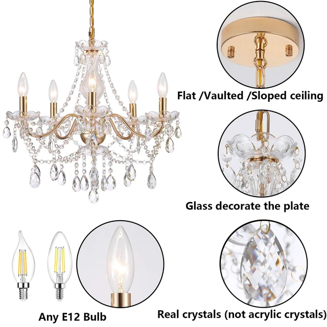 Alt view image 5 of 7 - Crystal Gold Chandelier, Glass Crystal Hanging Pendant Lighting, 5 Light French Country Gold Crystals Chandelier for Ceiling Medallions,Wedding,Dining,Kitchen, Foyer,Dia 20'' Golden