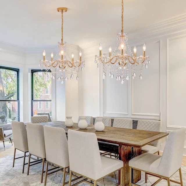 Alt view image 4 of 7 - Crystal Gold Chandelier, Glass Crystal Hanging Pendant Lighting, 5 Light French Country Gold Crystals Chandelier for Ceiling Medallions,Wedding,Dining,Kitchen, Foyer,Dia 20'' Golden