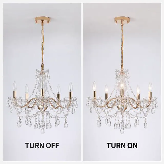 Alt view image 7 of 7 - Crystal Gold Chandelier, Glass Crystal Hanging Pendant Lighting, 5 Light French Country Gold Crystals Chandelier for Ceiling Medallions,Wedding,Dining,Kitchen, Foyer,Dia 20'' Golden