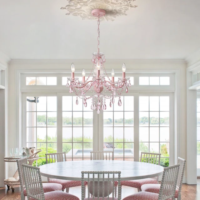 Alt view image 4 of 7 - Modern Crystal Pink Chandelier, Not Acrylic Crystal,Pink Crystals Hanging Pendant Light for Girls Room,Ceiling Medallions, Farmhouse Glass Chandelier for Wedding, Kitchen, Dining,Foyer,Island