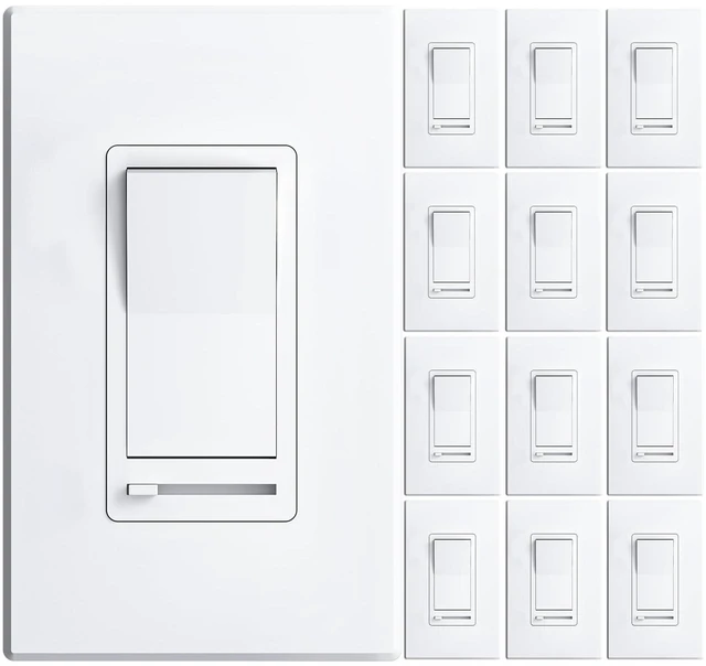 Main image of Dimmer Light Switch 12 Pack, 1-Pole or 3-Way, Horizontal Slide, White ETL listed, wall plate included, slide for 150W LED/CFL and 600W incandescent/halogen, dimmable light switch
