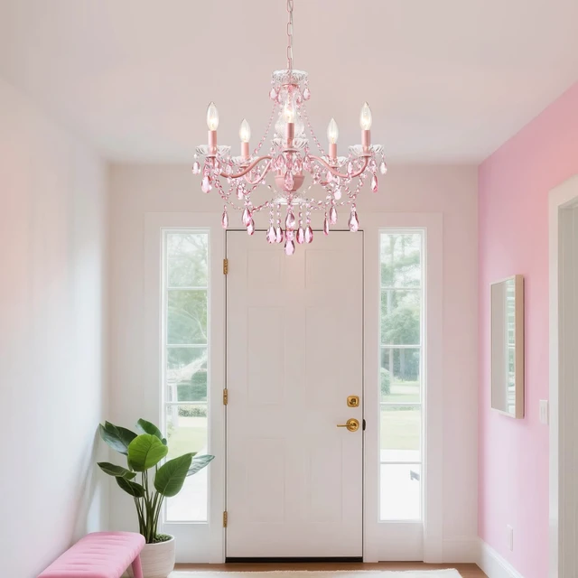 Alt view image 7 of 7 - Modern Crystal Pink Chandelier, Not Acrylic Crystal,Pink Crystals Hanging Pendant Light for Girls Room,Ceiling Medallions, Farmhouse Glass Chandelier for Wedding, Kitchen, Dining,Foyer,Island
