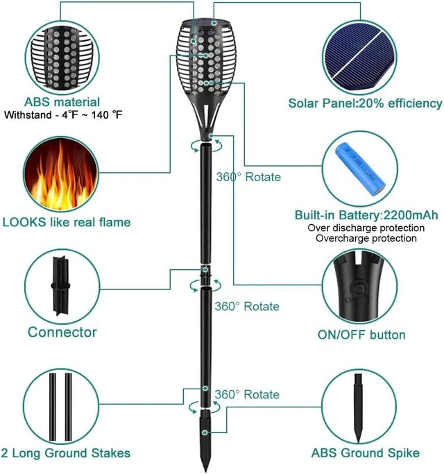 Alt view image 3 of 6 - Solar Torch Lights 43" Flickering Flame Outdoor Waterproof 6 Pack 96 LED Higher & Larger Solar Flame Lights,10-12 Hours Runtime Auto On/Off for Yard Garden and Halloween Decor